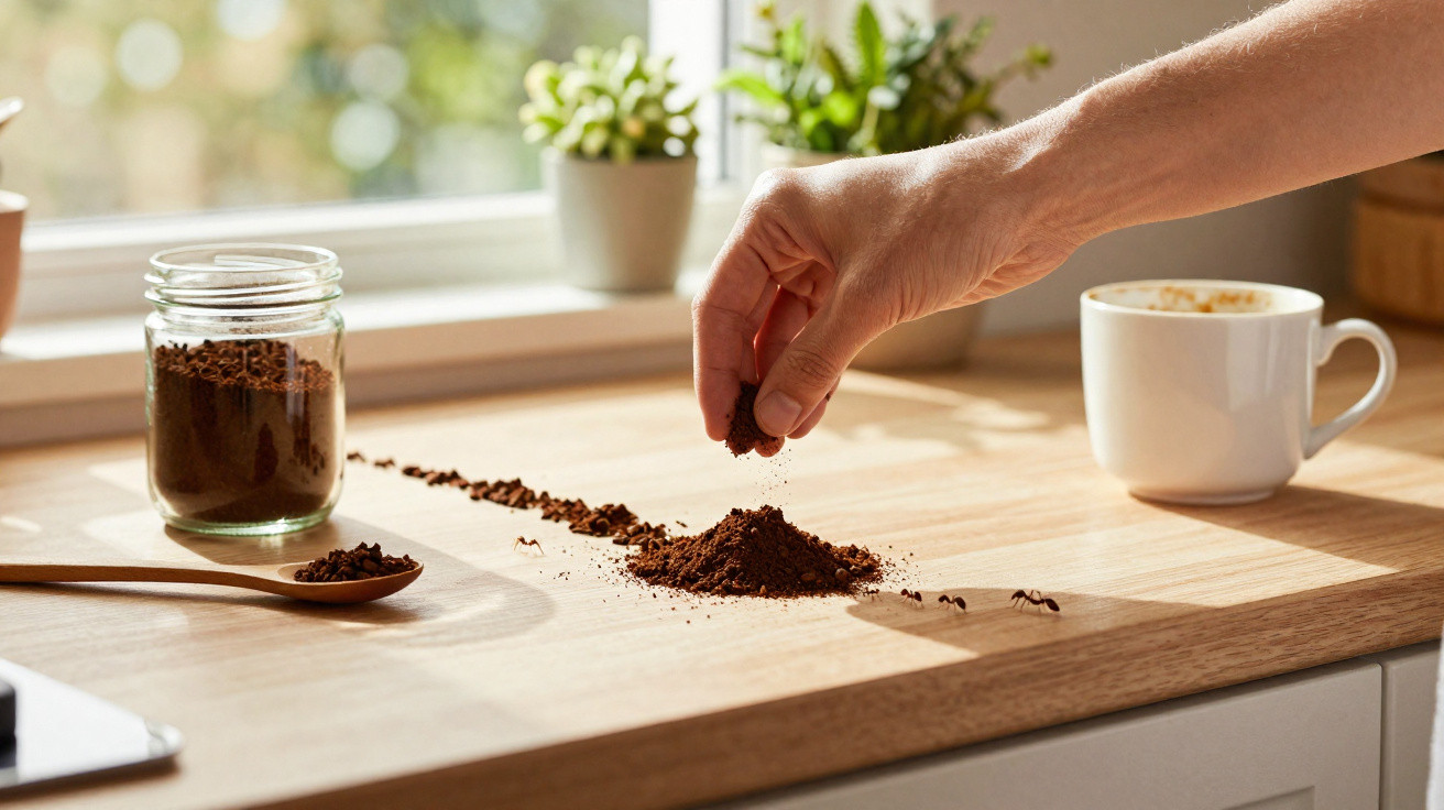 Hand streut Kaffeepulver auf Küchenarbeitsplatte, daneben Glas mit Kaffee und Kaffeetasse, Ameisen krabbeln.