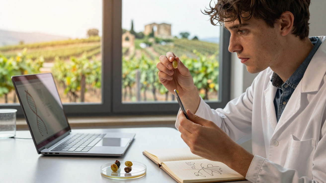 Junger Wissenschaftler im Labor analysiert Weintraube mit Laptop und Skizzen vor Fenster zur Weinbergkulisse.