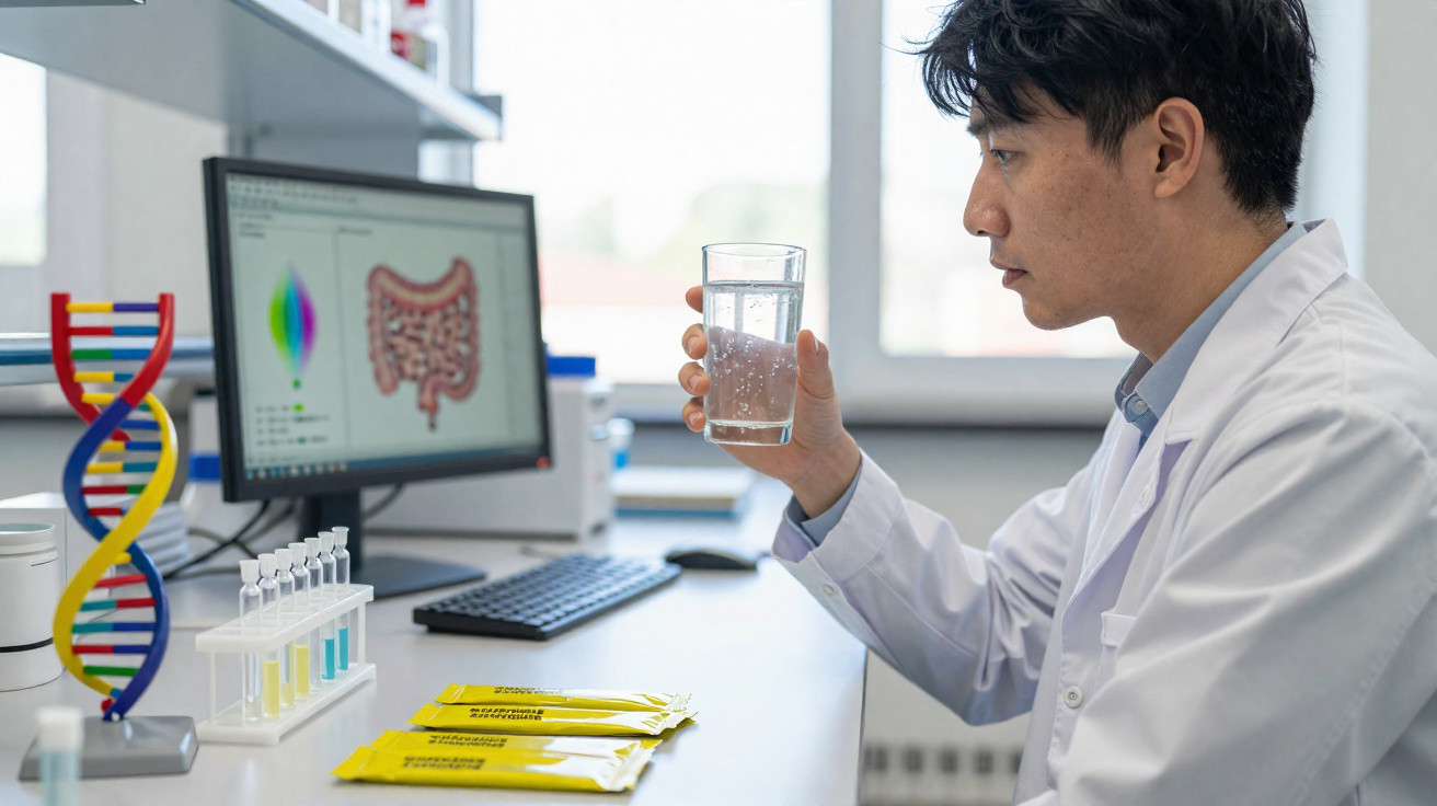 Forscher im Labor analysiert Glas Wasser vor Computer mit Darmdiagramm und DNA-Modell.