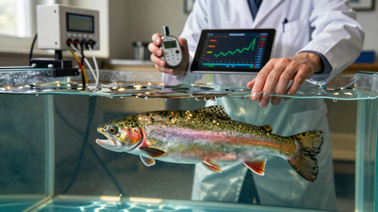 Fisch in Wasserbehälter mit Wissenschaftler im Hintergrund, der Daten auf Tablet und Gerät misst.