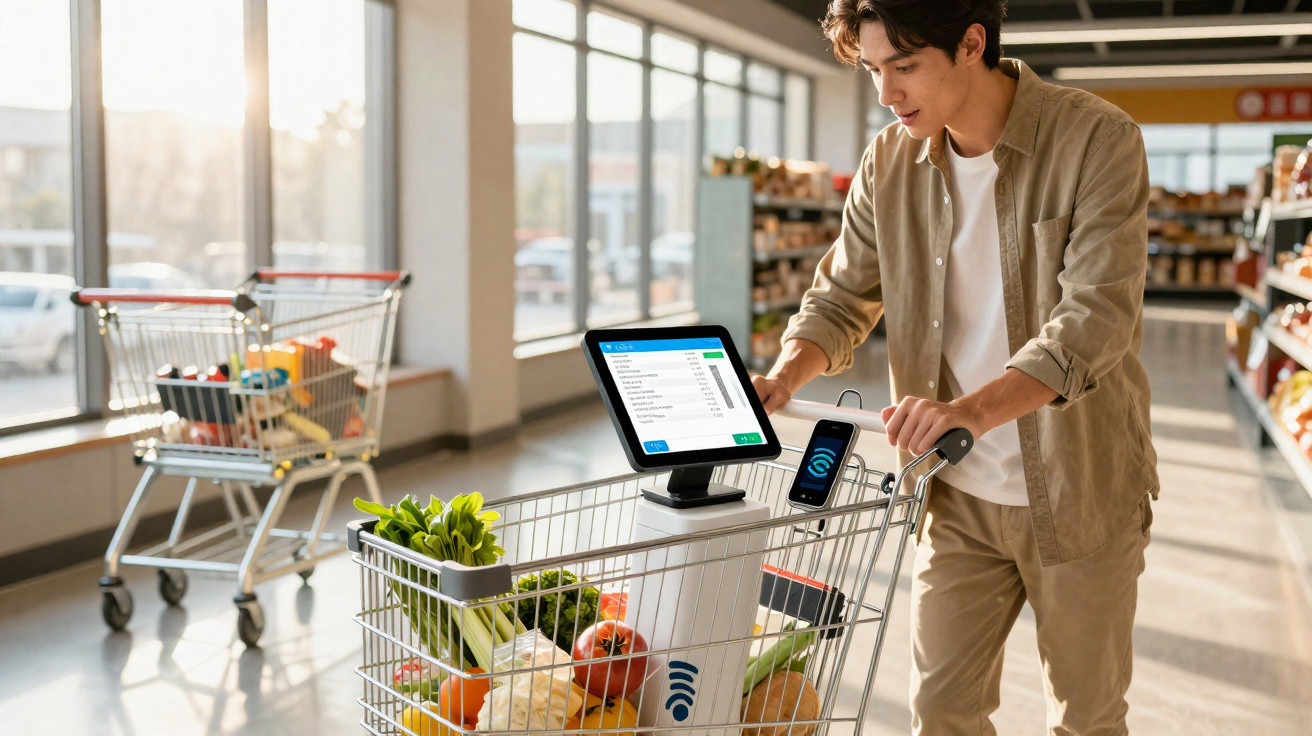 Mann scannt mit Smartphone an einer Selbstbedienungskasse im Supermarkt mit Einkaufswagen voller Lebensmittel.