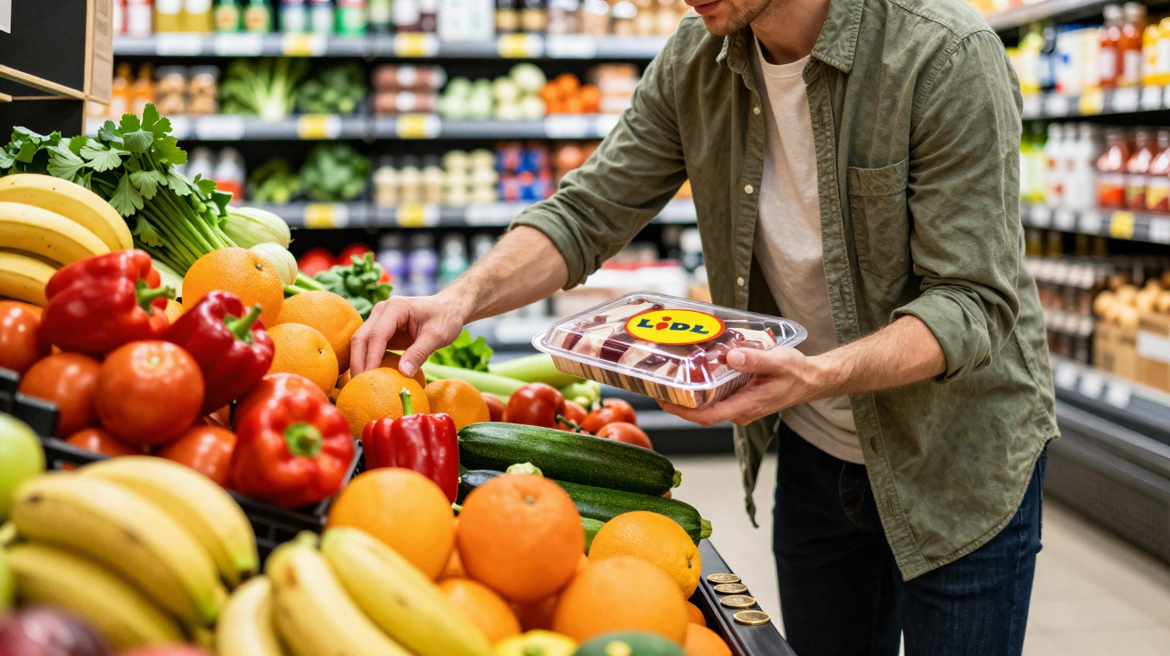 Mann wählt frisches Obst und Gemüse im Supermarkt, hält eine verpackte Speise von Lidl in der Hand.