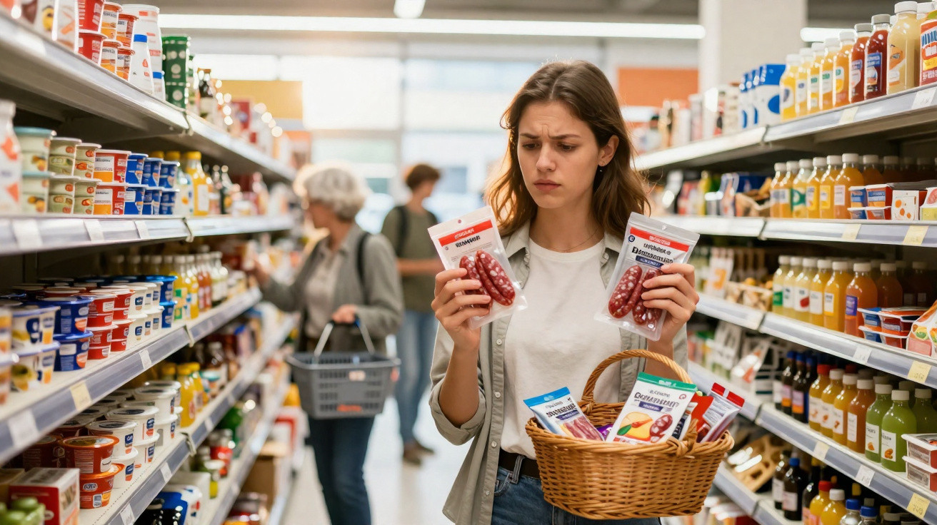 Junge Frau vergleicht skeptisch zwei Packungen Wurst im Supermarktgang mit Einkaufskorb in der Hand.