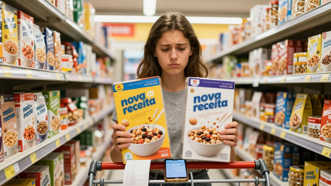 Junge Frau im Supermarkt vergleicht nachdenklich zwei verschiedene Müslipackungen im Gang.