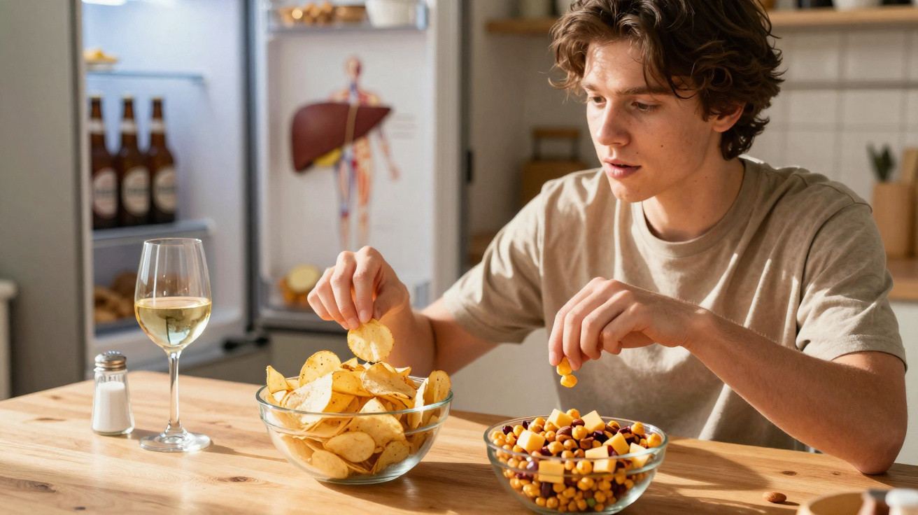 Junger Mann sitzt am Tisch und nimmt Snacks aus zwei Schalen mit Chips und Nüssen, daneben Wein und Salzstreuer.