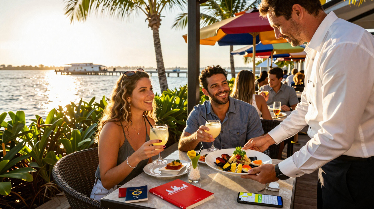 Paar genießt Getränke und Essen im Freiluftrestaurant mit Blick aufs Wasser und Palmen bei Sonnenuntergang.