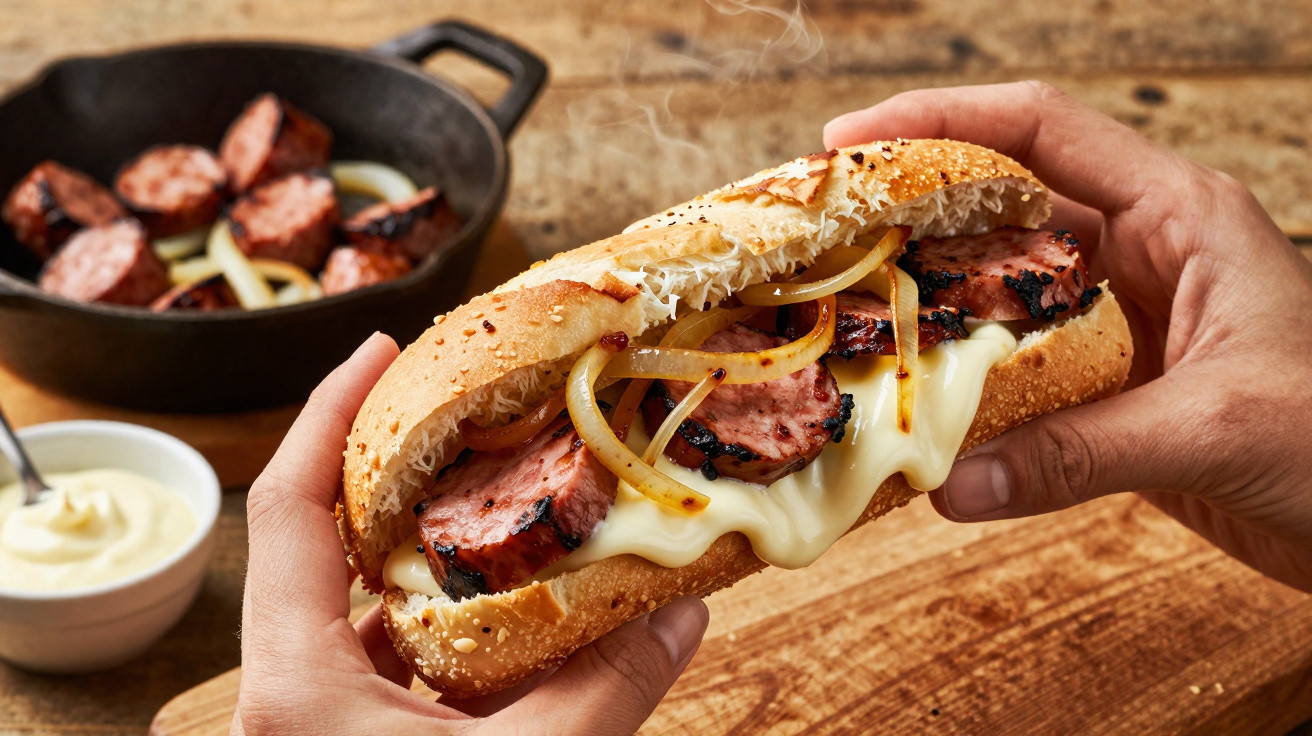 Gegrilltes Wurst-Sandwich mit geschmolzenem Käse und gebratenen Zwiebeln, gehalten von zwei Händen.