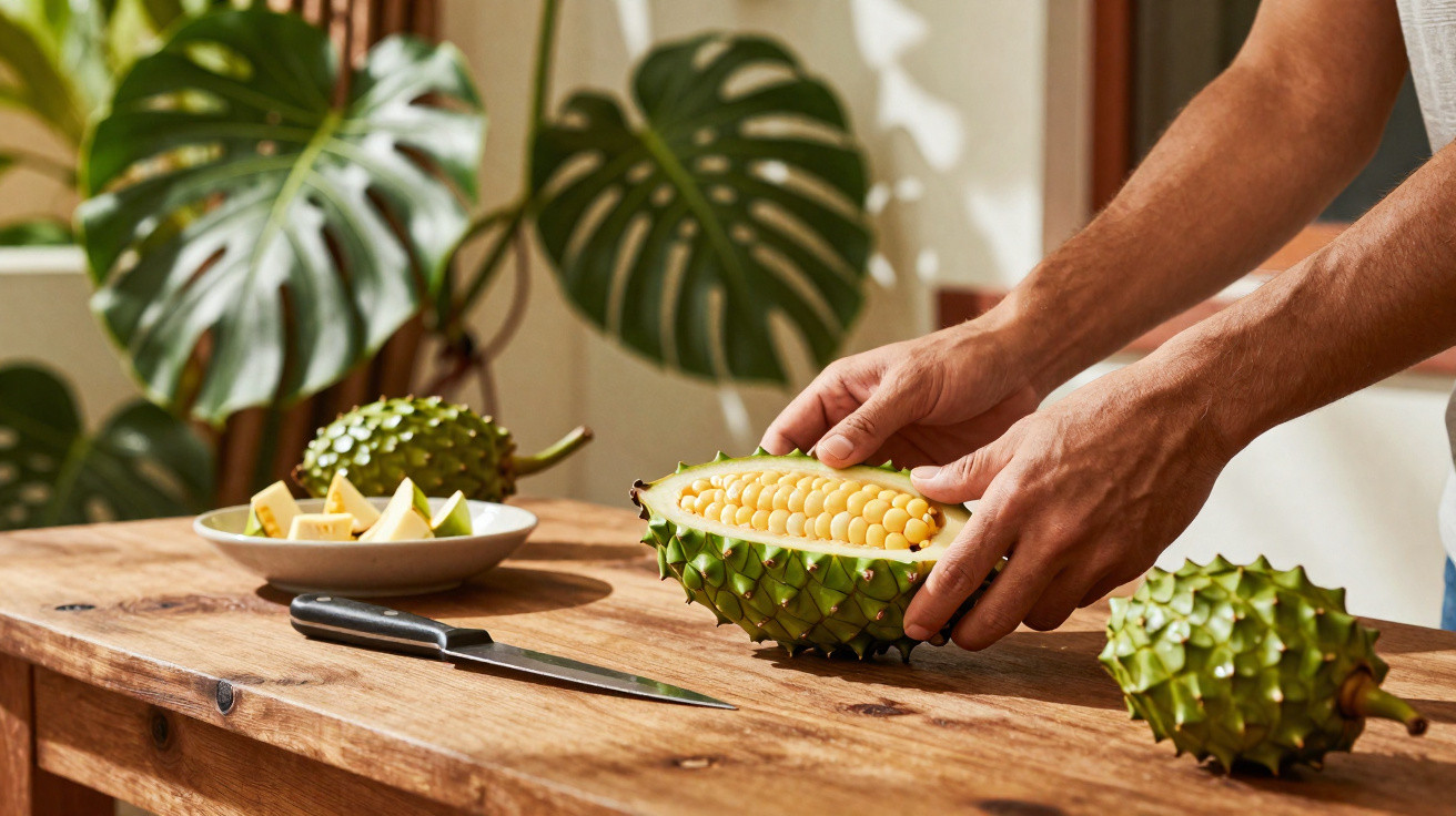 Person schneidet gelbe Kerne aus aufgeschnittener grüner Kiwano-Frucht auf Holztisch mit Messer.