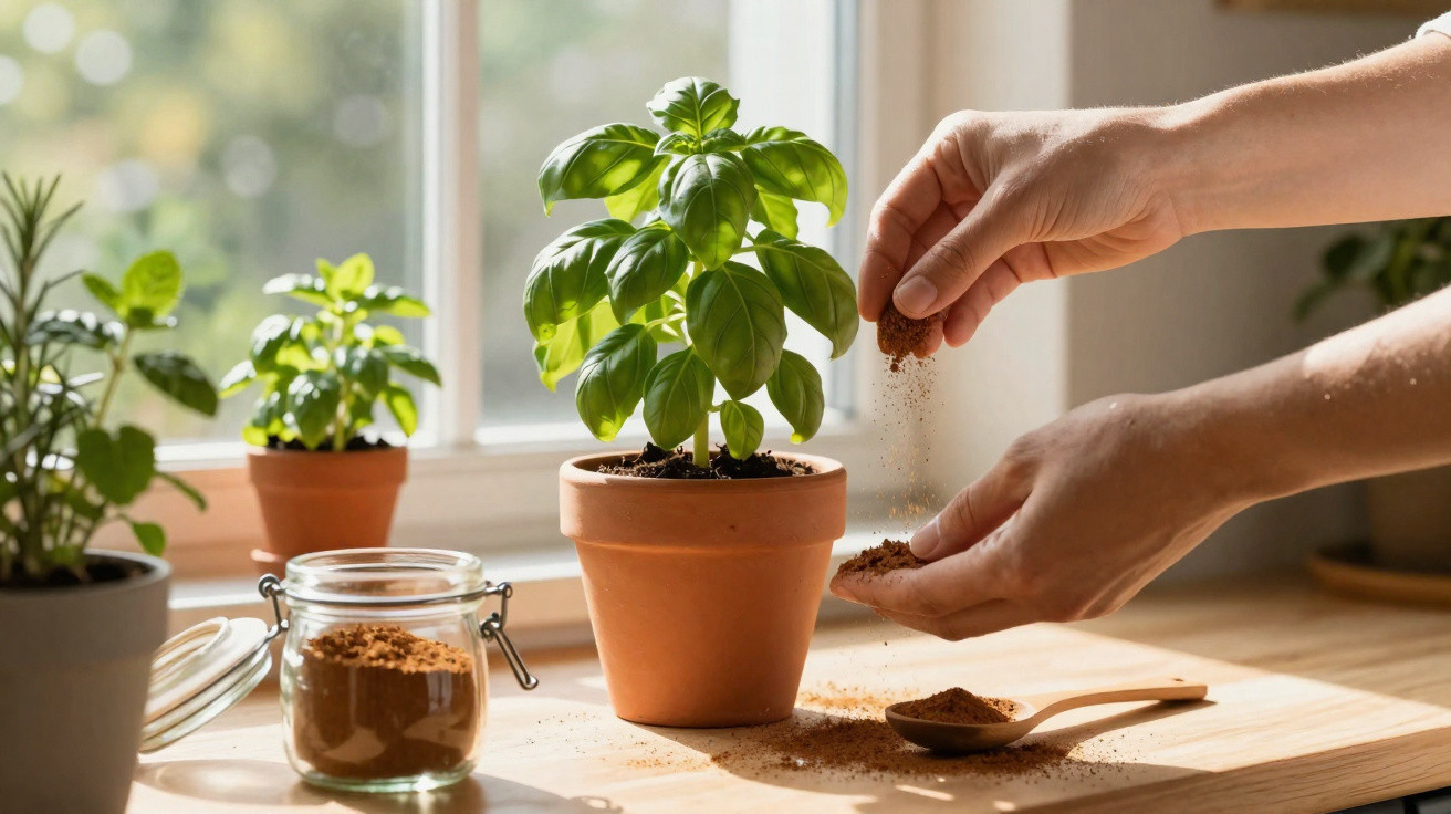 Hand besprüht frische Basilikumpflanze in Blumentopf auf Fensterbank mit Erde oder Dünger.