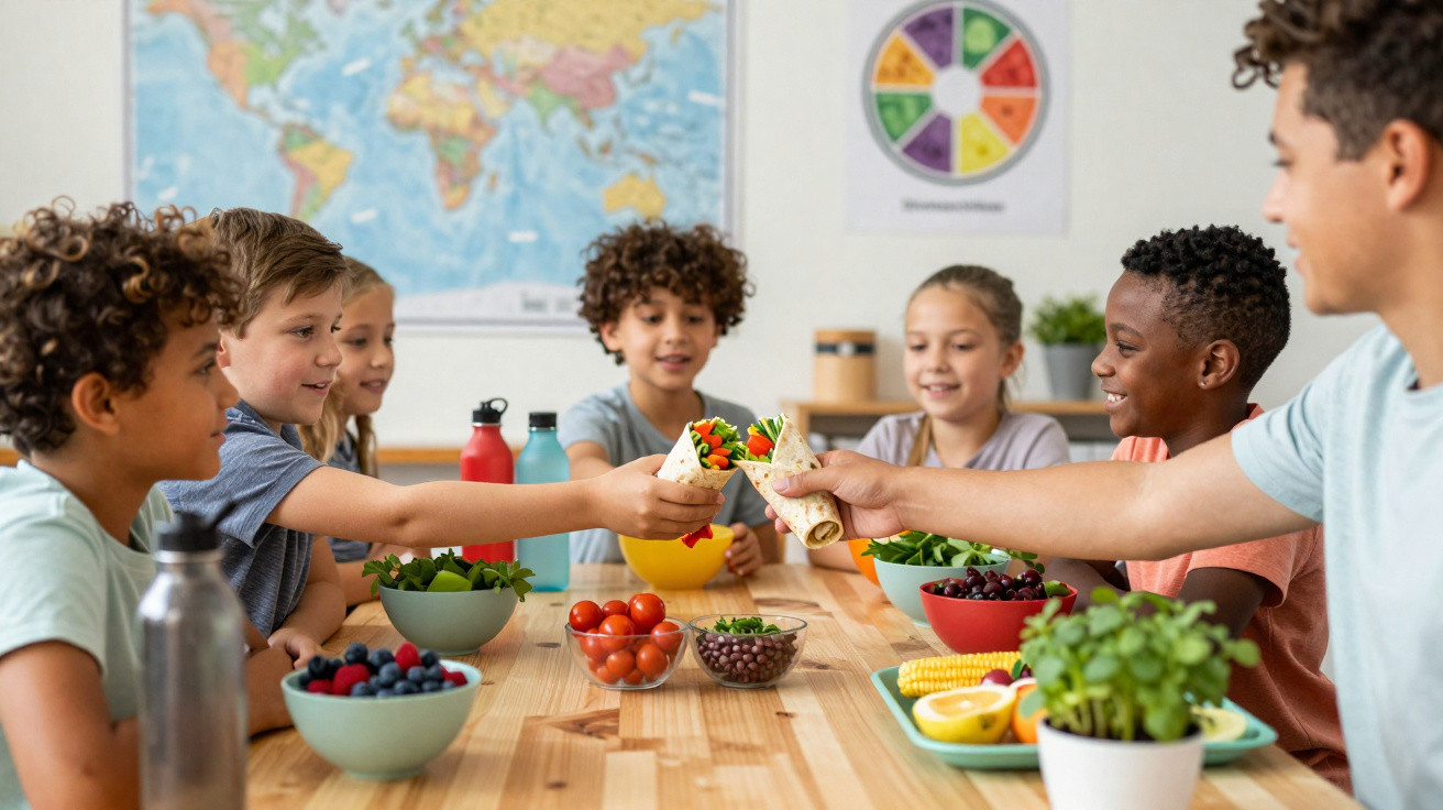 Gruppe von Kindern sitzt am Tisch und tauscht frische Wraps und Obst in hellem Klassenzimmer aus.