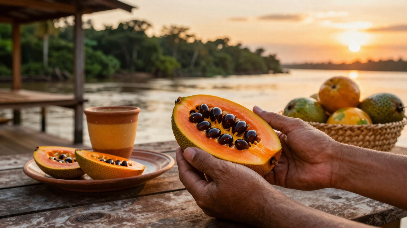 Hände halten eine aufgeschnittene Frucht mit schwarzen Samen, im Hintergrund Fluss und Sonnenuntergang.
