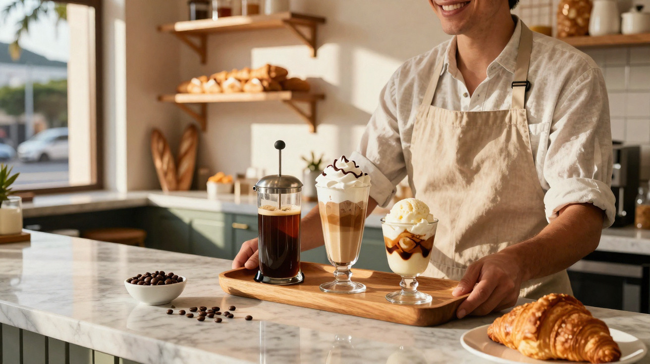 Barista serviert auf Holztablett drei verschiedene Kaffeegetränke auf Marmorarbeitsplatte mit Croissant und Kaffeebohnen.