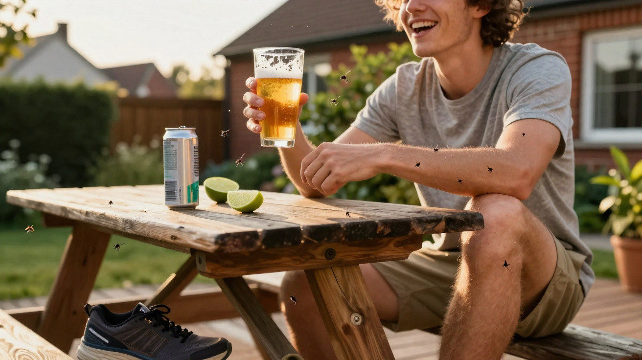 Junger Mann sitzt im Garten an Holztisch mit Bierglas, Limetten und vielen Fliegen an einem sonnigen Tag.