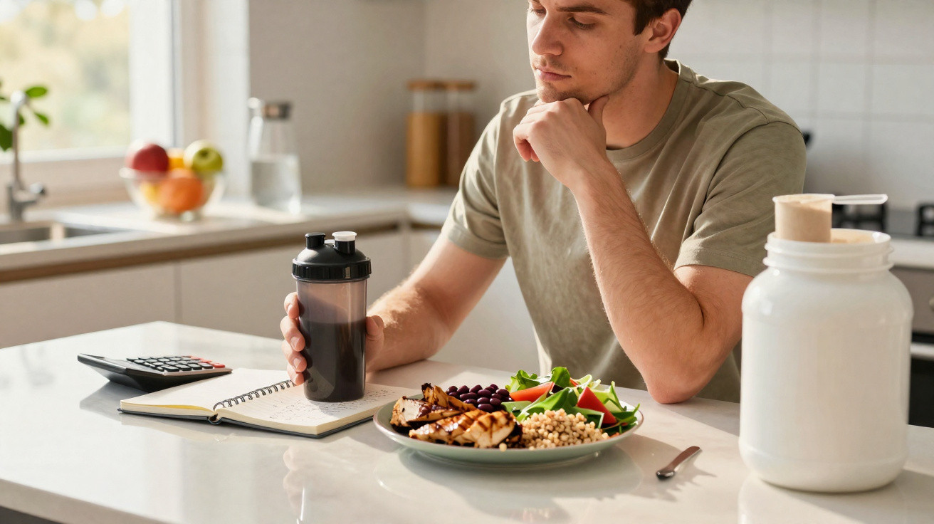 Junger Mann in Küche mit Proteinshake, gesundem Essen und Taschenrechner an weißer Kücheninsel.
