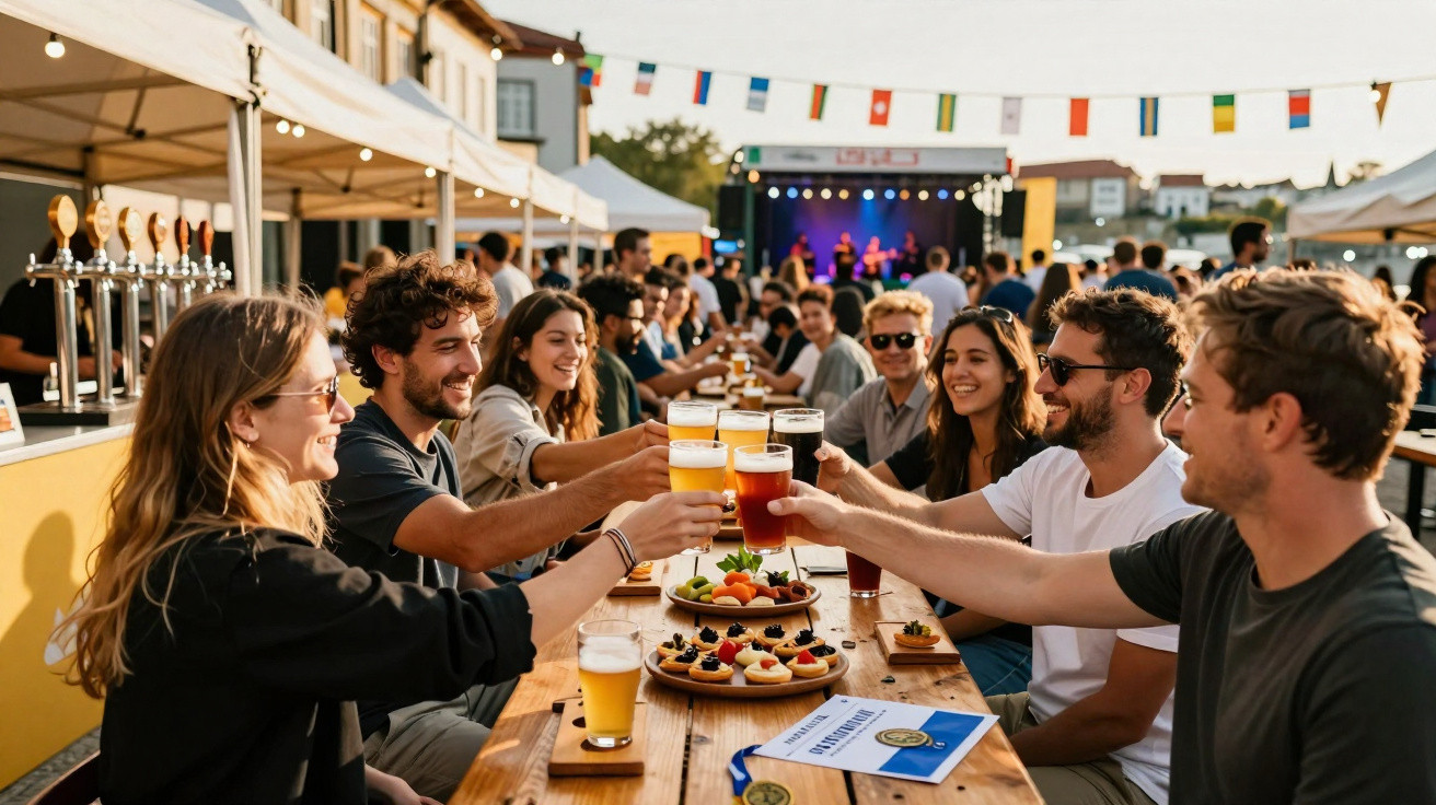 Freunde stoßen mit Biergläsern bei einem sonnigen Outdoor-Festival mit Musik und Buffet an.