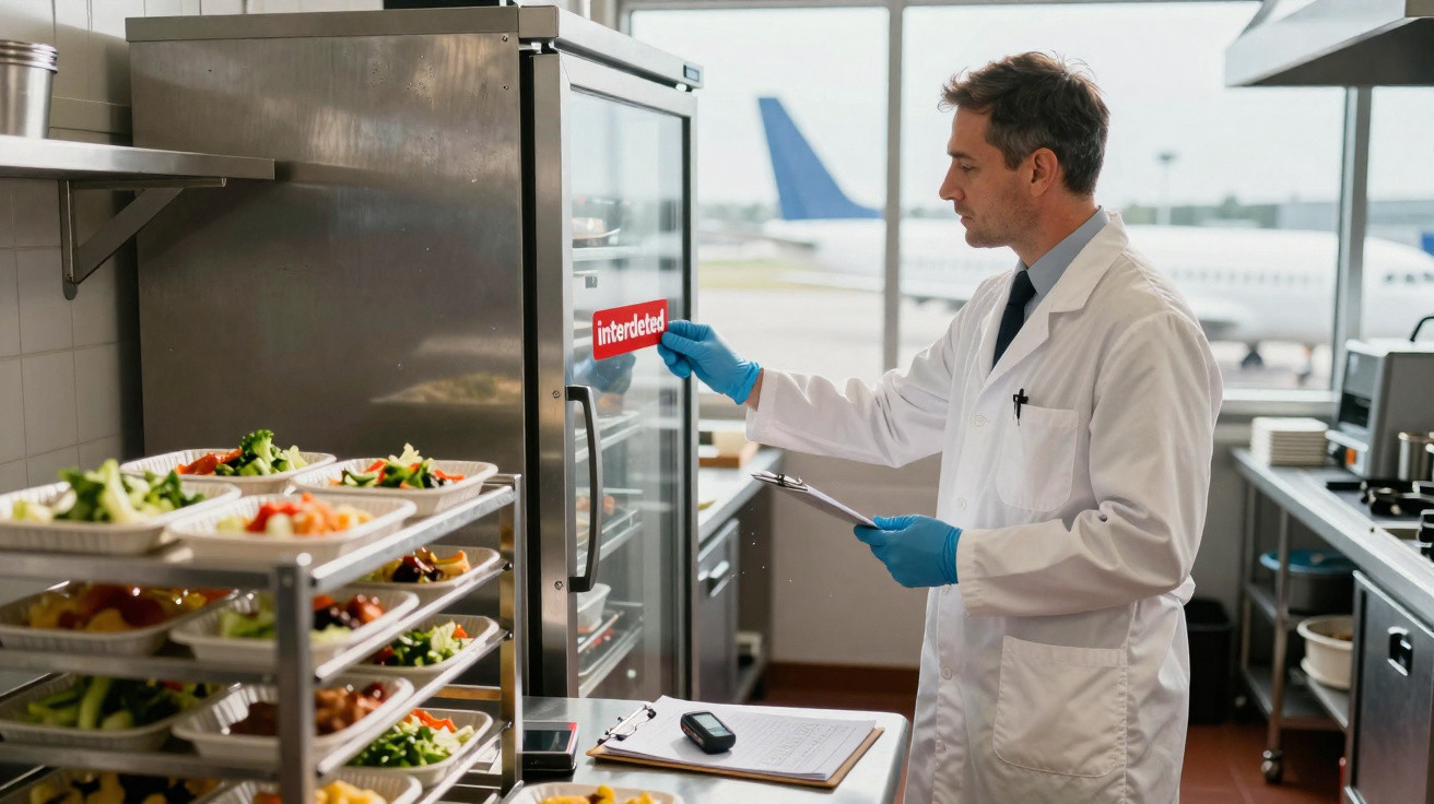 Lebensmittelinspektor mit weißem Kittel und blauen Handschuhen überprüft gesperrten Ofen in Flughafen-Gastro-Küche.