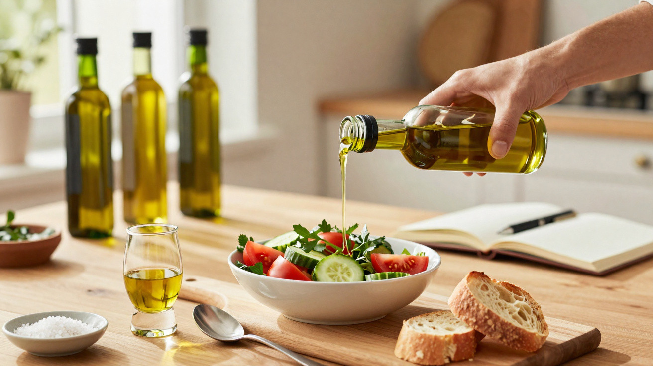 Hand gießt Olivenöl über frischen Salat mit Tomaten und Gurken, daneben Brot und ein Glas Öl.
