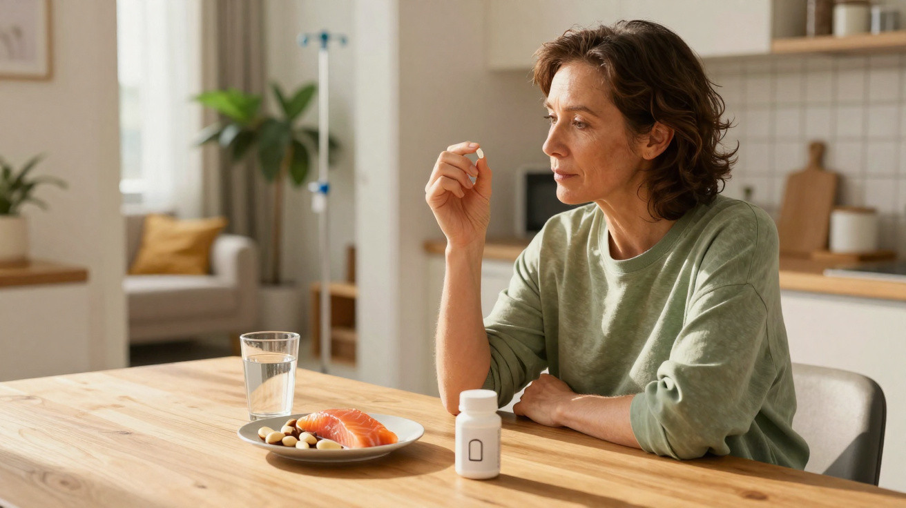 Frau sitzt nachdenklich am Tisch mit Omega-3-Kapseln, Lachs, Nüssen und einem Glas Wasser.