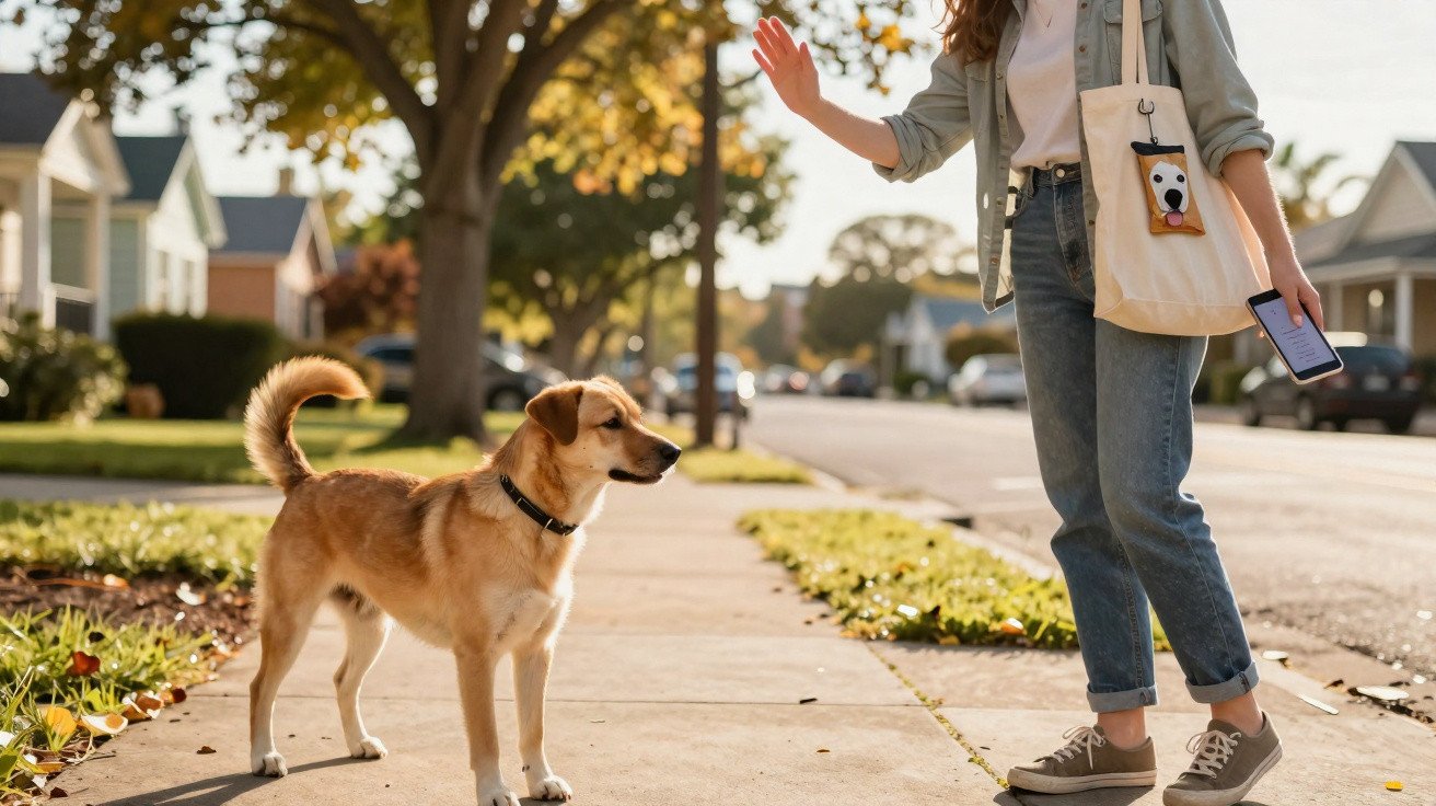 Junge Frau mit Smartphone und Leinentasche gibt Hund auf Gehsteig mit Handzeichen Rückrufbefehl.