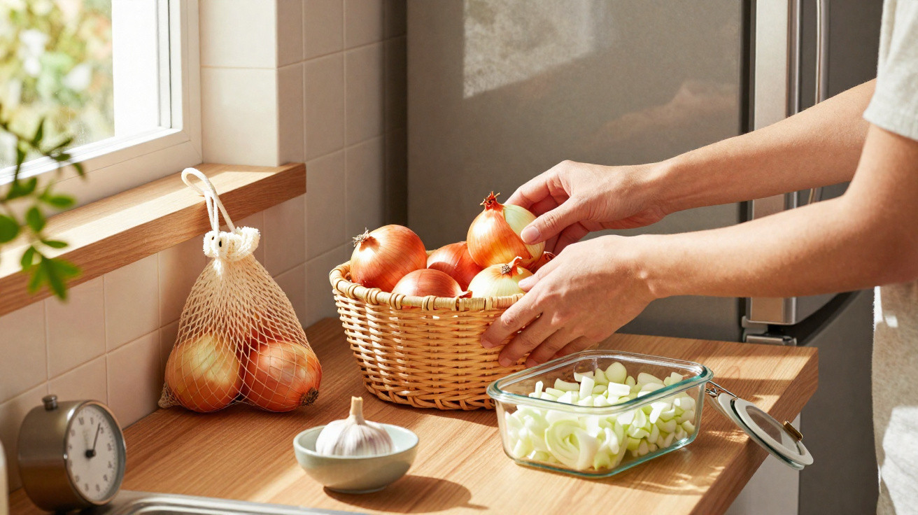 Person sortiert Zwiebeln in einem Korb auf einer Holzarbeitsplatte mit geschnittenen Zwiebeln und Knoblauch.