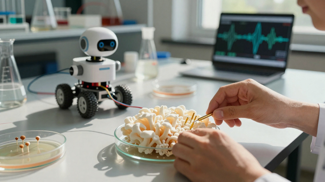 Roboter im Labor beobachtet, wie eine Person mit Pinzette an einer Petrischale mit Modell arbeitet.
