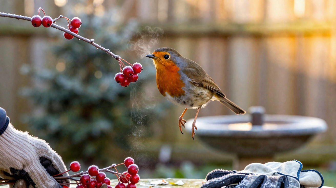 Ein Rotkehlchen fliegt zu roten Beeren, davor sind Arbeitshandschuhe und ein Vogelbad im Garten.