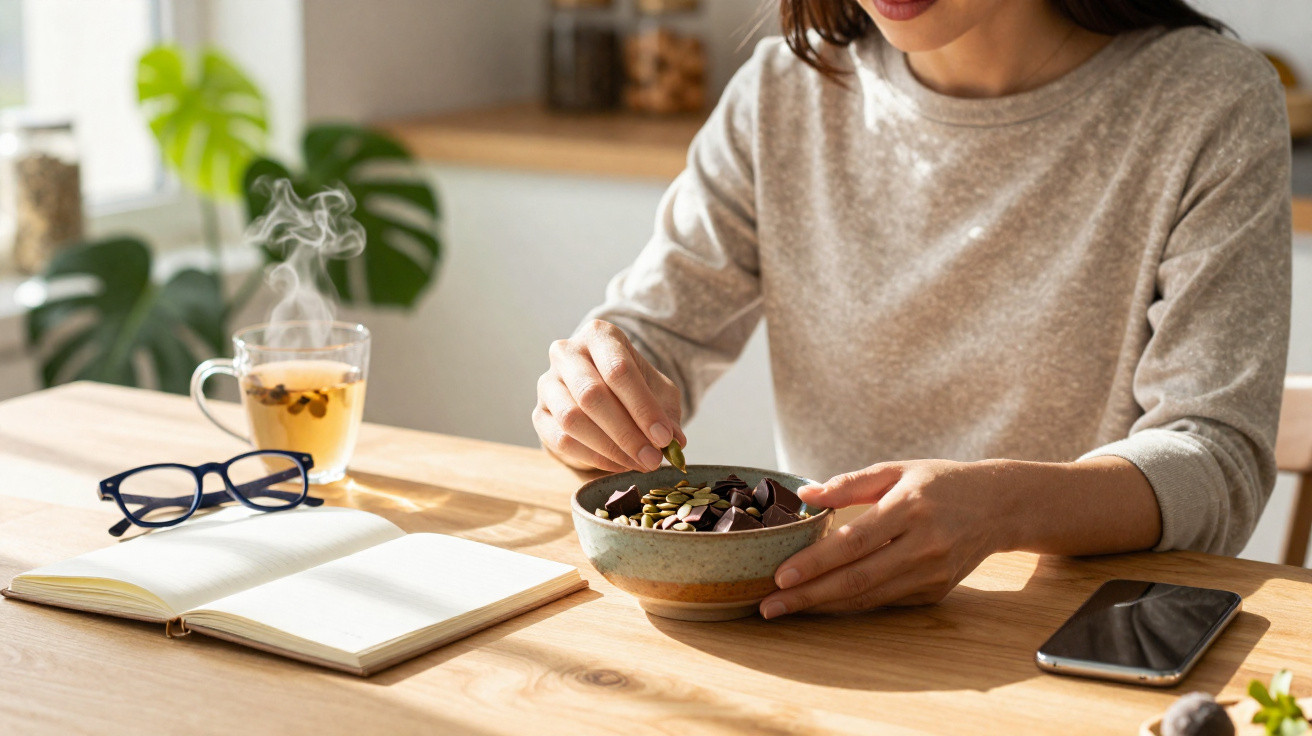 Frau isst Müsli, daneben offenes Notizbuch, Brille, dampfender Tee und Smartphone auf Holztisch.