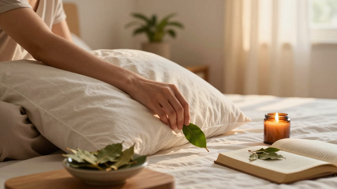Person legt ein grünes Blatt neben ein offenes Buch auf einem Bett mit Kerze und Kissen im Hintergrund.