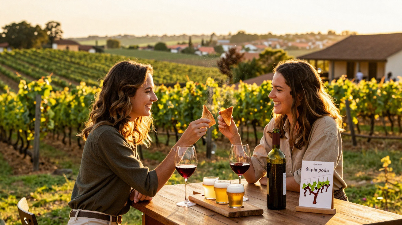 Zwei Frauen stoßen mit Pizzastücke an Tisch mit Wein, Bier vor Weinreben im Sonnenschein an.