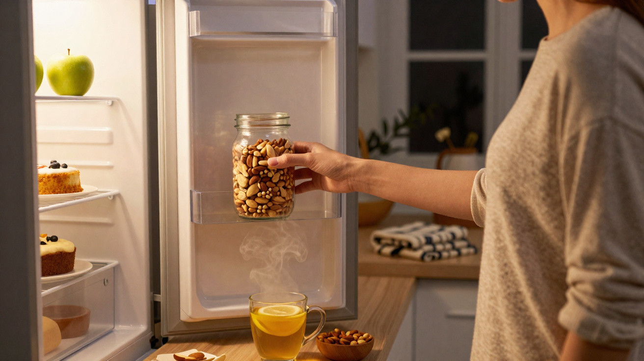Frau nimmt Glas mit Nüssen aus offenem Kühlschrank, dampfender Tee und Kuchen sind auf der Arbeitsplatte.