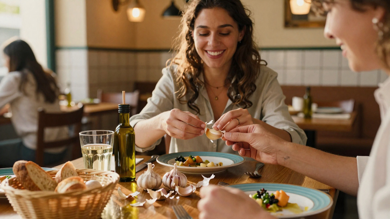 Zwei Frauen brechen Knoblauchzehen an einem rustikalen Tisch in einem gemütlichen Restaurant.