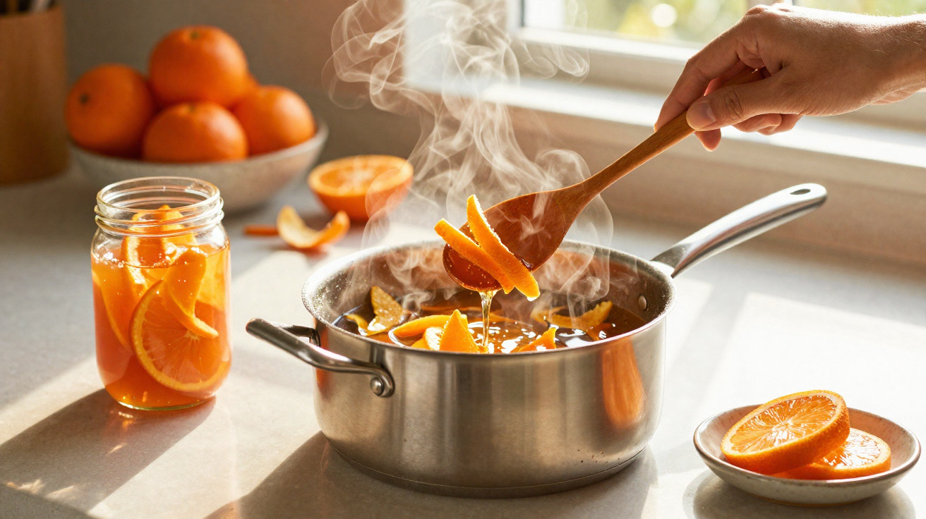 Dampfender Kochtopf mit Orangenscheiben und Honig, Hand rührt mit Kochlöffel, Orangen im Glas und am Teller.