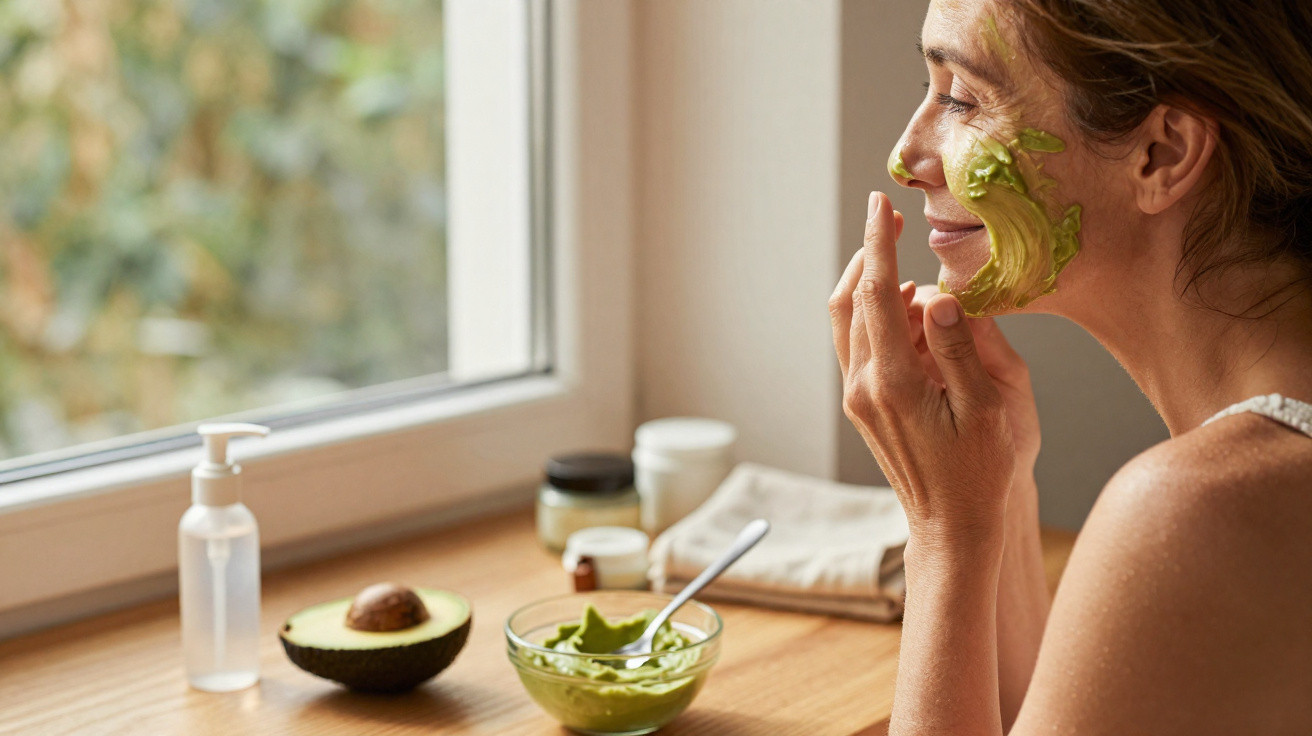 Frau trägt Avocado-Gesichtsmaske auf, sitzend am Fenster mit Schale und Avocado auf Holztisch.