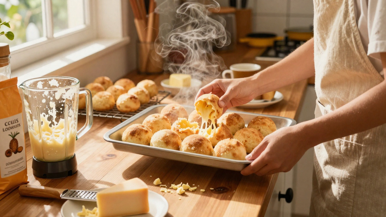 Dampfende, frisch gebackene Käsebällchen werden aus dem Backblech genommen, Küchenutensilien und Zutaten sichtbar.