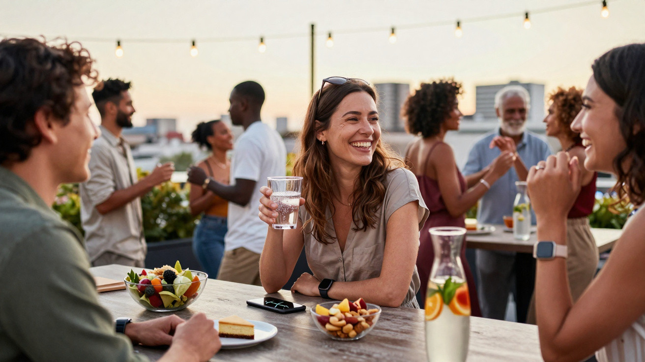 Menschen unterhalten sich bei einem gemütlichen Abend auf einer Dachterrasse mit Snacks und Getränken.