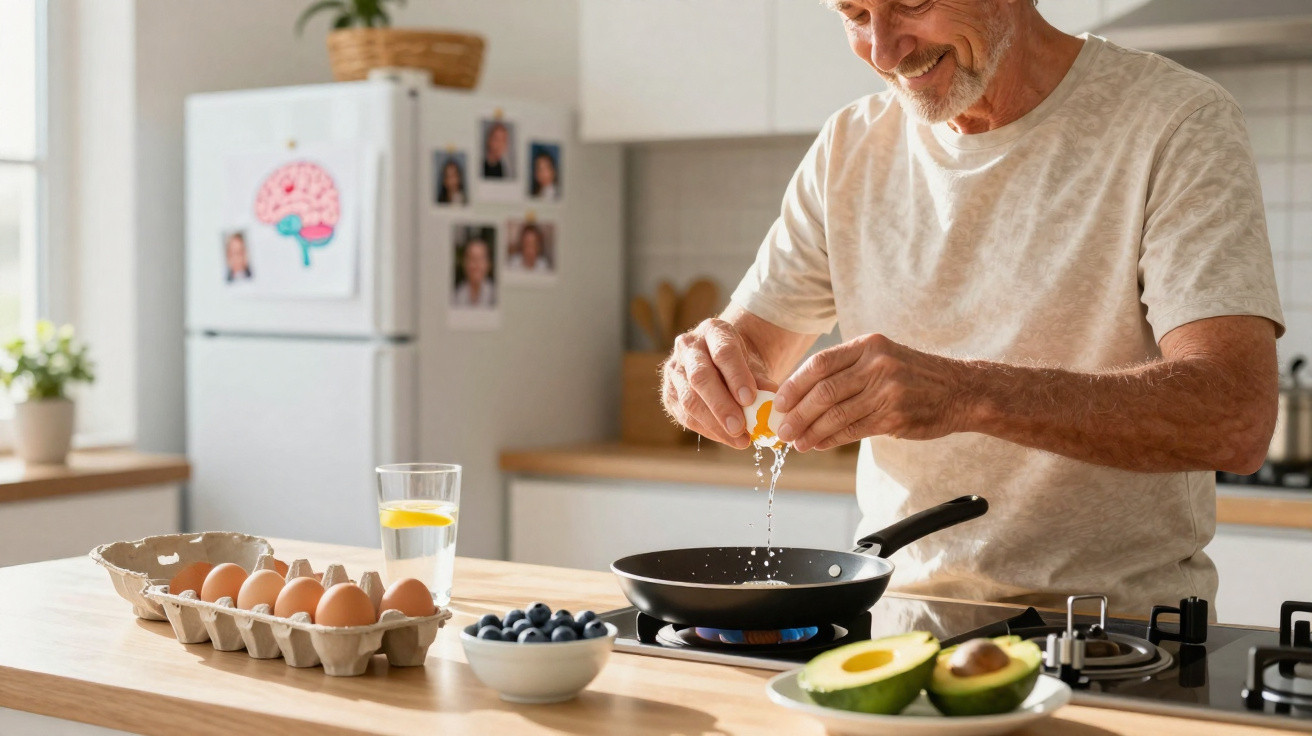 Älterer Mann bricht Eier in Pfanne in heller Küche, Avocado, Heidelbeeren und Glas Wasser auf Tisch.