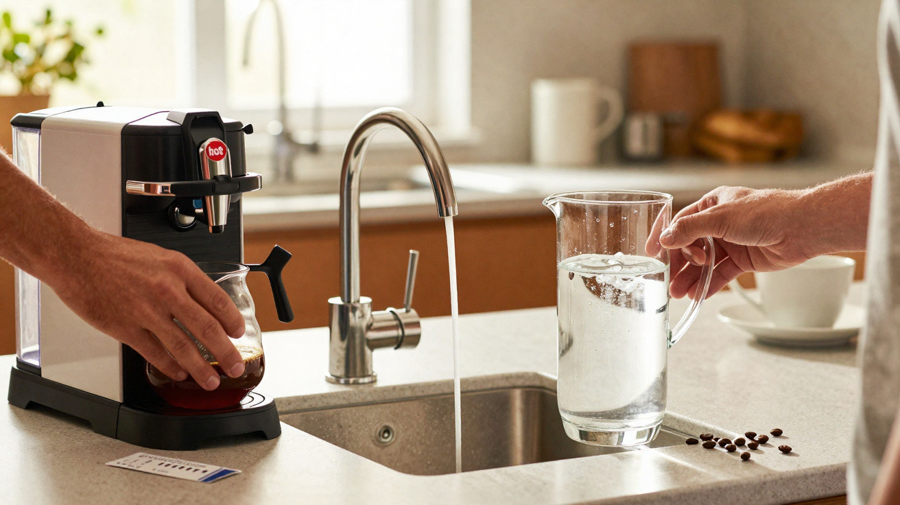 Zwei Hände füllen in einer modernen Küche Kaffee und Wasser an Spüle mit Kaffeemaschine auf hellen Arbeitsflächen.