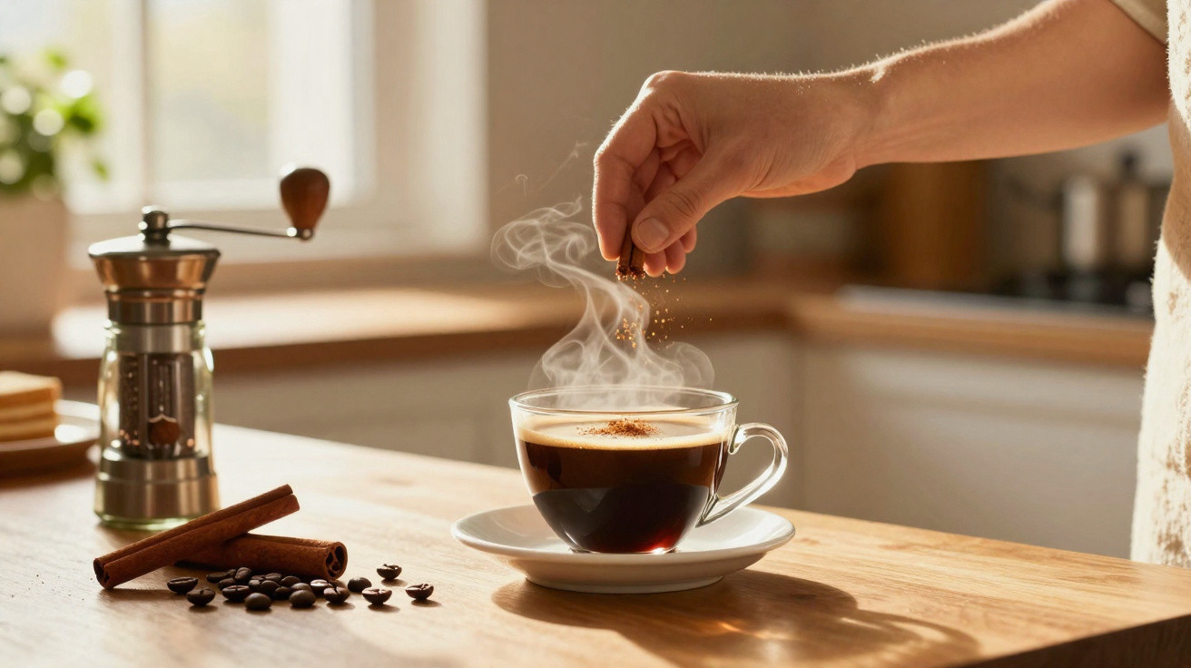 Dampfender Kaffee in Glas mit Zimt bestreut, handstreut Gewürz, daneben Kaffeemühle, Zimtstangen und Kaffeebohnen.