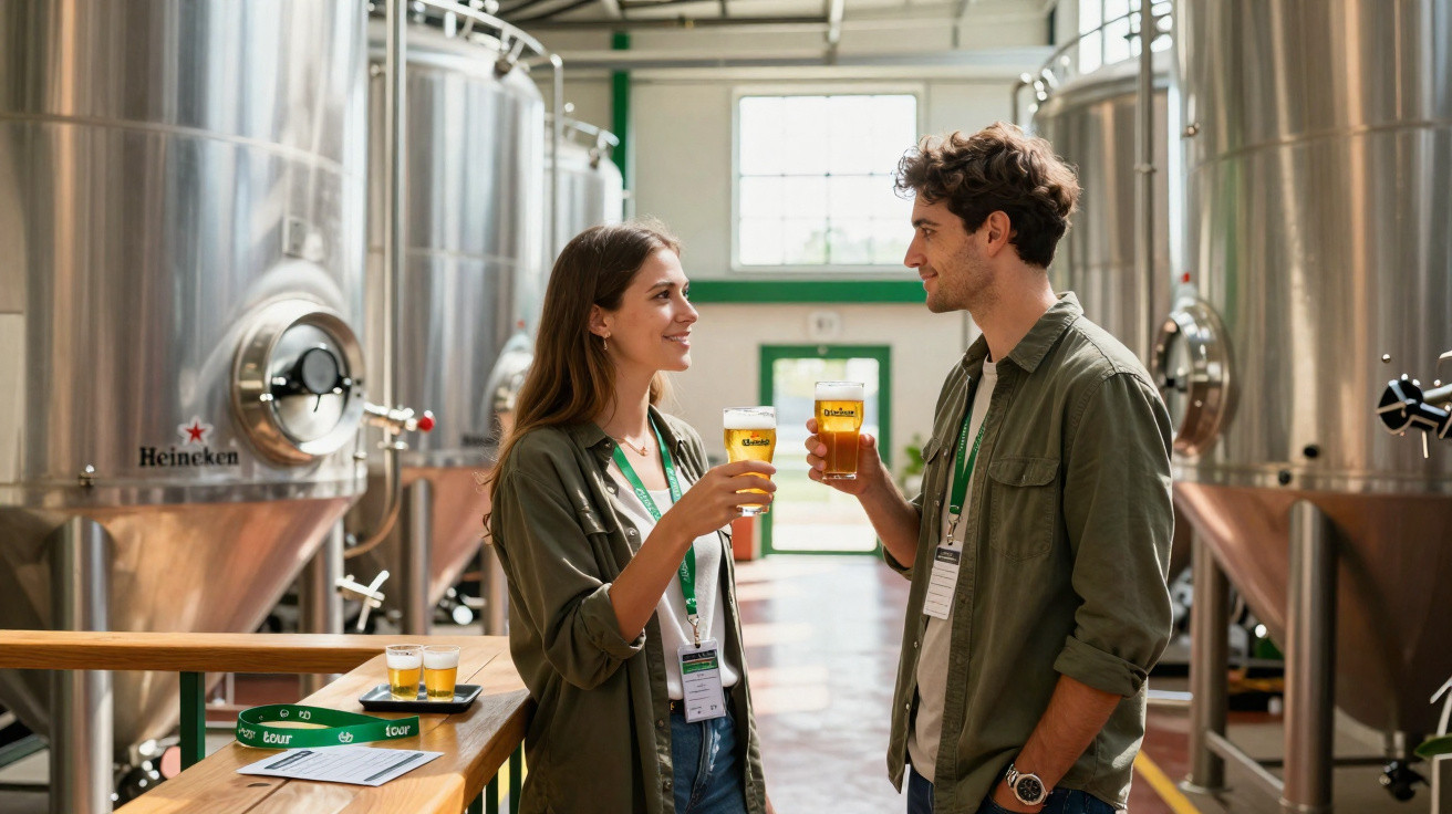Zwei junge Personen stoßen mit Biergläsern in moderner Brauerei mit großen Edelstahltanks an.