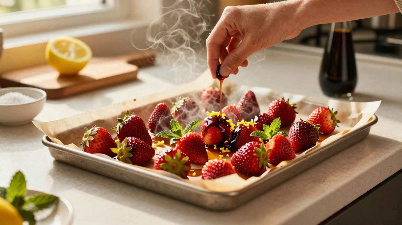 Frische Erdbeeren auf Backblech mit Papiereinlage, werden mit Schokoladensauce und Zuckerstreuseln dekoriert.