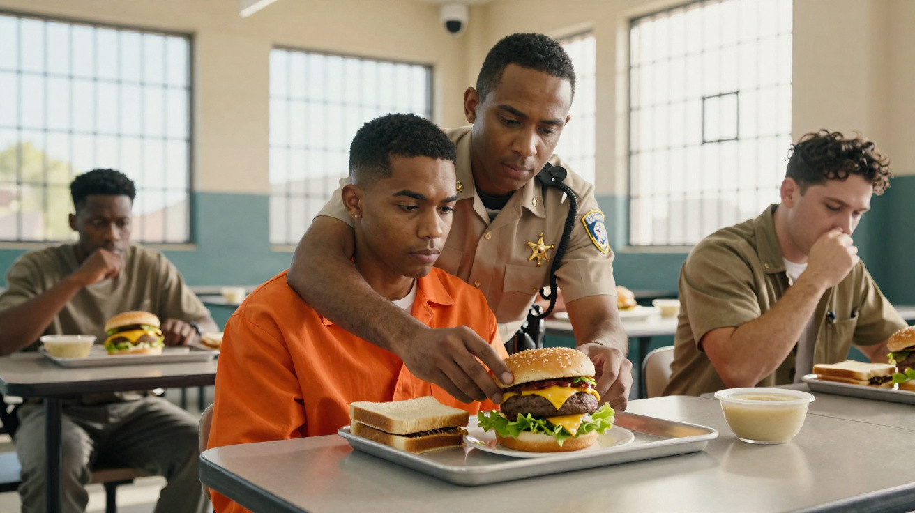 Ein Wächter legt einem Häftling im orangen Overall einen Burger auf ein Tablett in einer Gefängnis-Mensa.