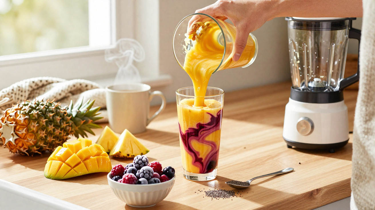 Hand gießt Mango-Smoothie in Glas mit Waldbeeren-Marmelade, daneben Obst und Mixer auf Holzarbeitsplatte.