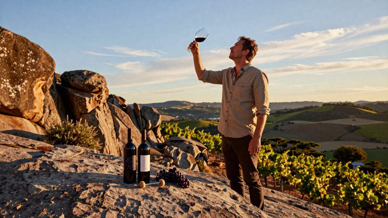 Mann hält Weinglas hoch, betrachtet Wein, umgeben von Weinflaschen, Trauben und malerischer Landschaft bei Sonnenuntergang.