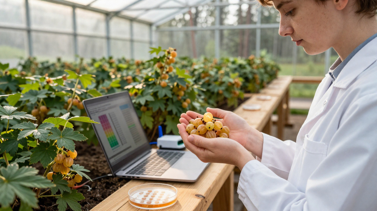 Forscherin prüft gelbe Johannisbeeren im Gewächshaus neben Laptop mit Datenanalyse.