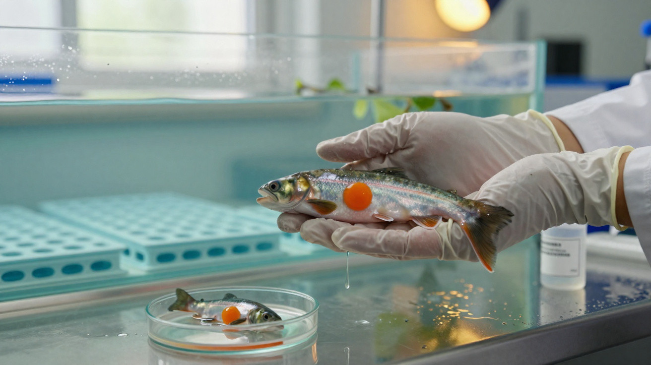 Laborant mit Handschuhen hält Forelle mit orangem Punkt neben Fisch in Petrischale im Labor.