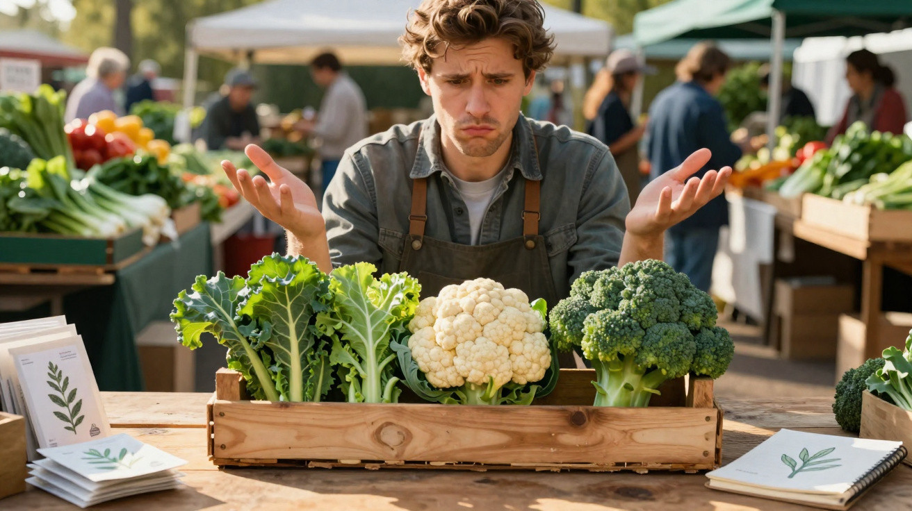 Junger Mann mit grimmigem Gesichtsausdruck am Gemüsestand mit Kohl, Blumenkohl und Brokkoli auf Markt.