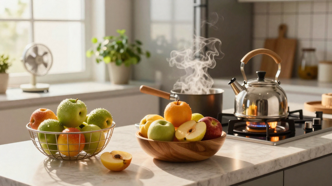 Küche mit frischem Obst in Schalen auf der Arbeitsplatte, dampfender Topf und Teekessel auf dem Herd.