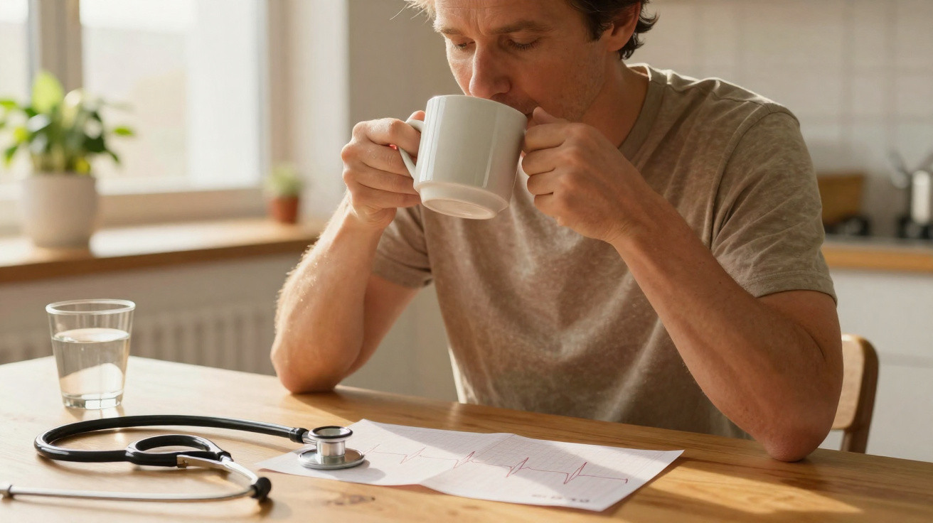 Mann sitzt am Tisch, trinkt aus Tasse, auf dem Tisch liegen EKG-Ausdruck und Stethoskop.