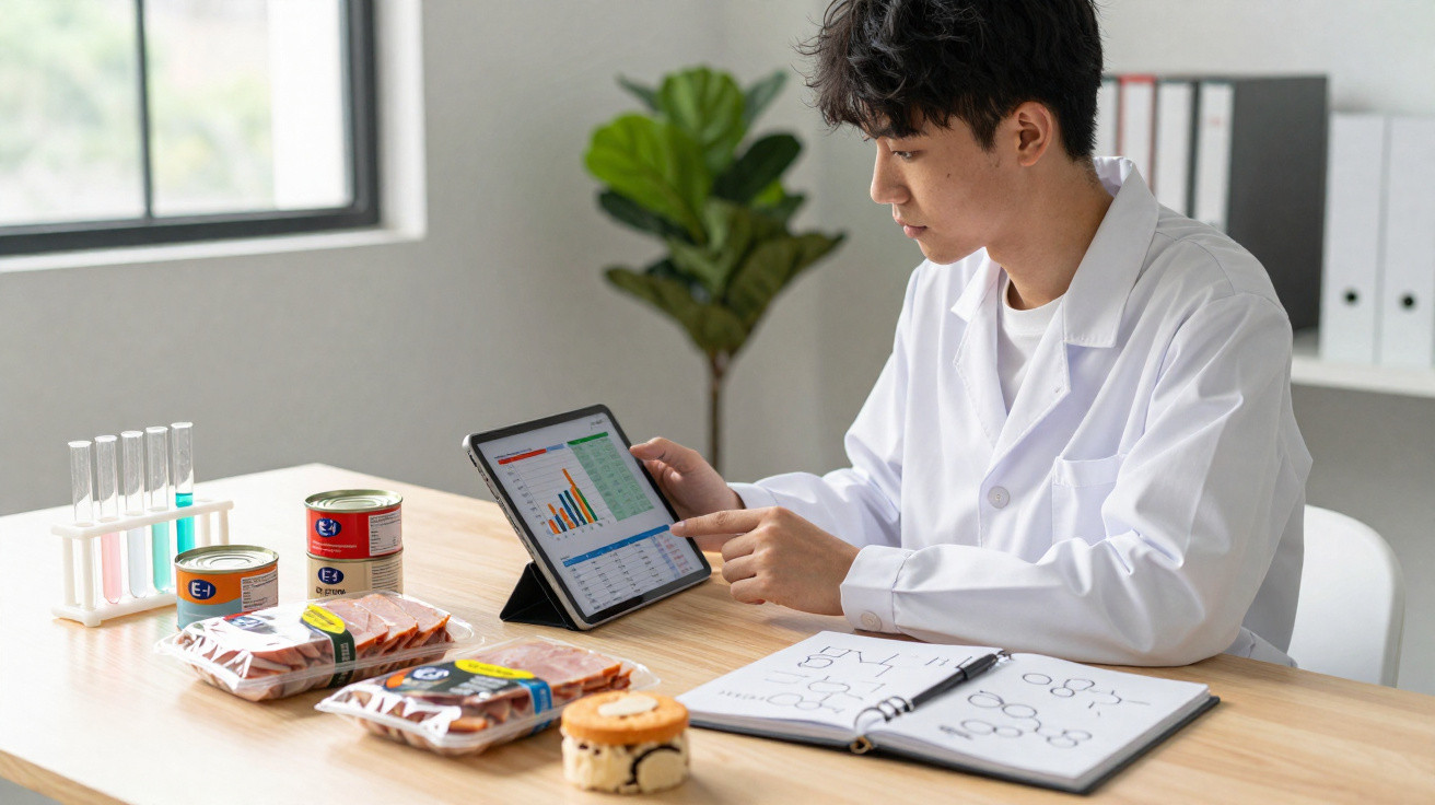 Forscher in Laborkittel analysiert Daten auf Tablet neben Konserven, Proben und Notizen am Tisch.