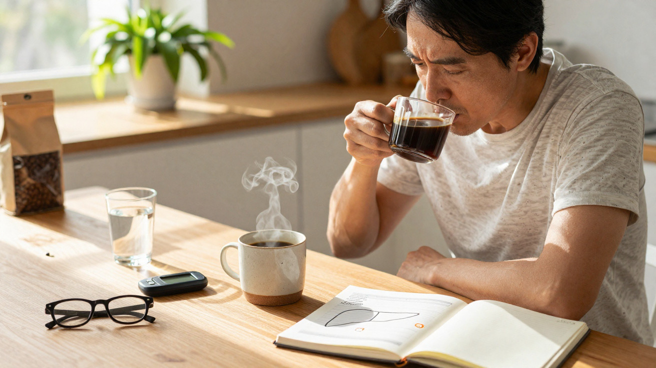Mann trinkt Kaffee am Tisch mit Buch, Brille, Glas Wasser und Blutzuckermessgerät in heller Küche.
